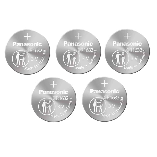 A set of 5 Panasonic CR1632 lithium batteries, each with a 3V voltage and 137 mAh nominal capacity. These coin cell batteries are suitable for use in watches, calculators, car starters, keyless remotes, health monitors, and glucose monitors. The batteries are silver in color and display the Panasonic logo along with specifications such as 'CR1632' and 'Made in Indonesia.'