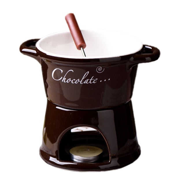 Ceramic Fondue Melting Pot Set with Fork for Chocolate Cheese and Caramel Family Gatherings