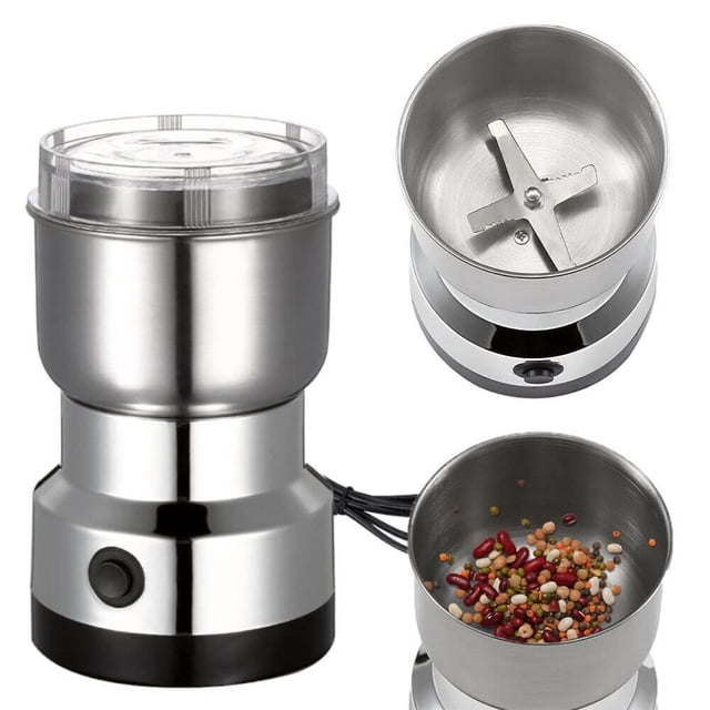 Moulin à Café Électrique, Mini Moulin à Épices avec Corps en Acier Inoxydable et Couvercle transparent. Doté d'Une Lame de Haute Qualité pour une Mouture Rapide et Uniforme des grains Secs, Épices, Graines et Assaisonnements. Comprend un design Pivotant pour Verser Facilement la Poudre et une Opération à un Bouton pour Plus de Commodité. la Capacité de Mouture Varie de 50 g à 100 g par Usage. Montré avec une Vue Ouverte de la Chambre de Mouture et un Gros Plan des grains Mélangés à l'Intérieur.