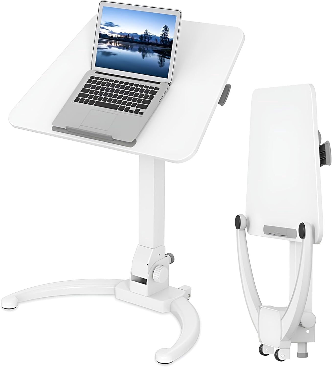 Fully Foldable Mobile Standing Desk, Height Adjustable Sit Stand Computer Workstation with Tiltable Tabletop & 22 lbs Capacity, Portable Overbed Table for Home Office Dormitory Hospital Use