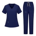thumbnail image 2 of Nfurl Ensemble d'Uniforme d'Infirmière pour Femmes, 2 Pcs, Hauts à Manches Courtes à Col en V avec Cordon de Serrage, Pantalon à Taille Élastique, Uniforme d'Infirmière, Ensemble Assorti, Bleu Marine, TG, 2 of 4