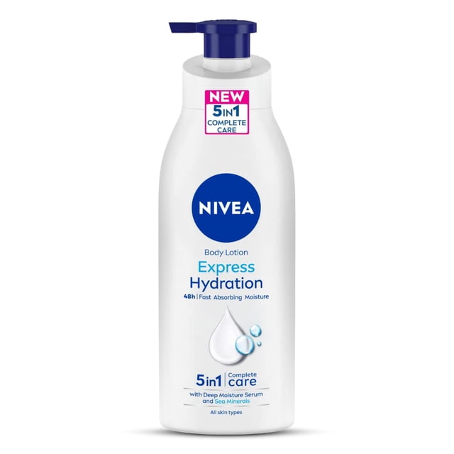 Nivea Express Hydration Lotion pour le Corps, Bouteille de 400 ml avec Distributeur à Pompe. la Bouteille Blanche Présente un logo Nivea Bleu et un Texte Mettant en Valeur une Hydratation à Absorption Rapide de 48 Heures avec Sérum à Hydratation Profonde et Minéraux Marins. Convient à Tous les types de Peau, Elle Offre des Soins Complets 5-en-1.