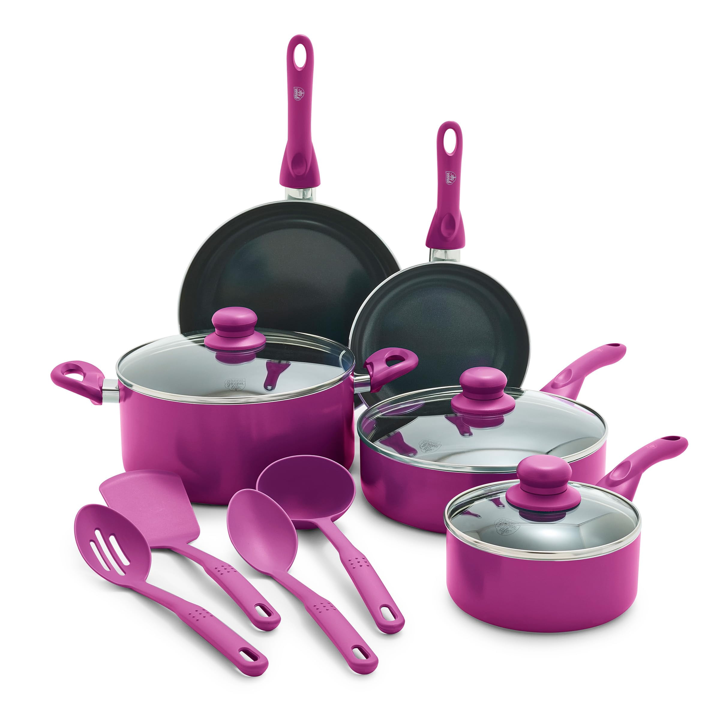 GreenLife Essentials 12 Piece Cookware Set PFAS-Free Ceramic Nonstick Pots & Pans Induction Ready for All Cooktops Kitchen Cooking & Serving Utensils Dishwasher Safe Magenta Pink