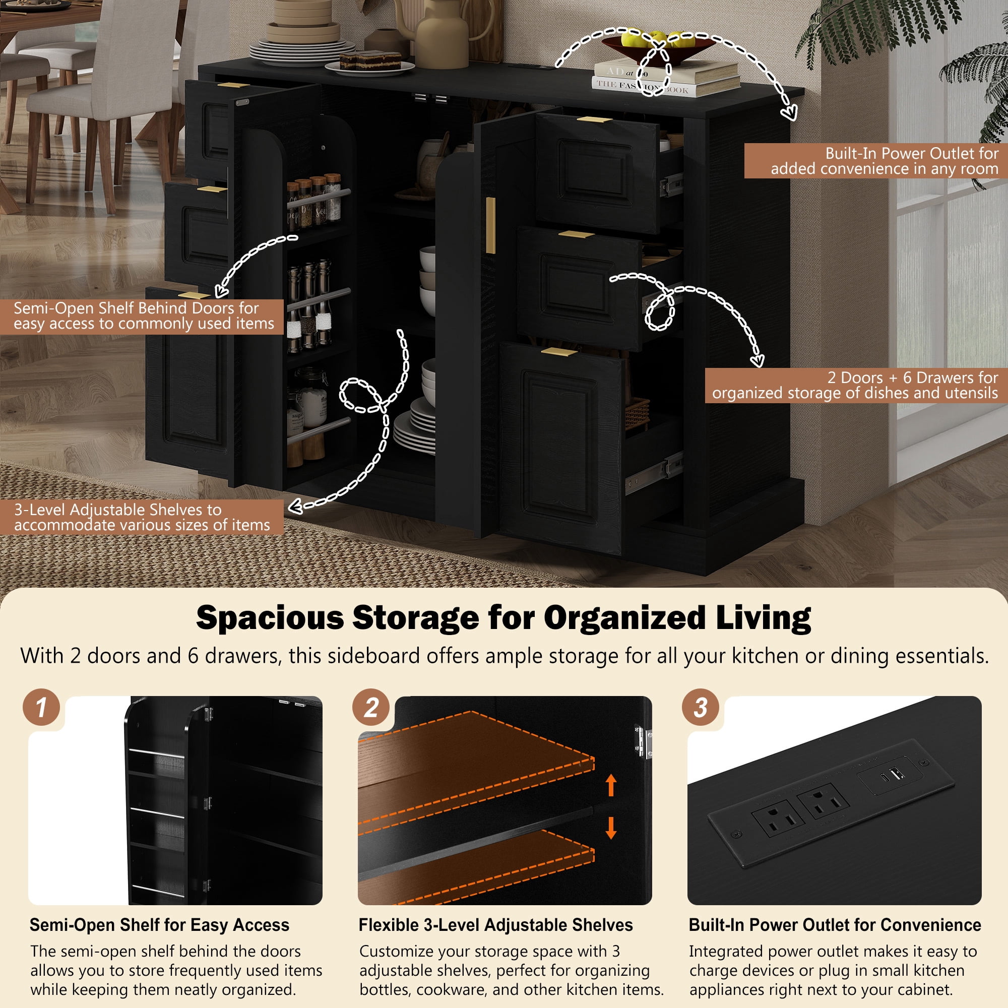 Noble House 47.2" Sideboard Buffet Cabinet with Power Outlet,2 Doors & 6 Drawers,3-Level Adjustable Shelves,Black