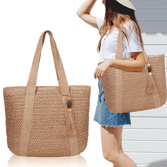 CHOK Large Straw Beach Bag for women  Straw Tote Bag with Tassels  Woven Summer Handbag Shoulder Bag for Outdoor Vacation