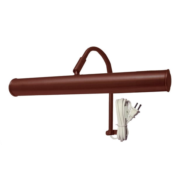 Atron Electro Industries 12 Inch Oil Rubbed Bronze Picture Light with a slim cylindrical metal shade in oil rubbed bronze finish, featuring a goose neck swivel arm and a 5 1/2-foot white electrical cord with in-line switch and plug, suitable for illuminating paintings or decorative wall accents.