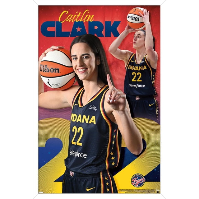 WNBA Indiana Fever - Caitlin Clark Affiche Murale 24, 14,725 Pouces x 22,375 Pouces Encadrée, Montrant la Basketballeuse Caitlin Clark en Bleu Marine, Maillot Indiana Fever Numéro 22 Tenant un Ballon de basketball Wilson et Faisant un Geste Numéro un, sur Fond Rouge et Bleu avec Grand Jaune 22 et logo Indiana Fever, Convient à la Déco de Chambre de fan de sports.