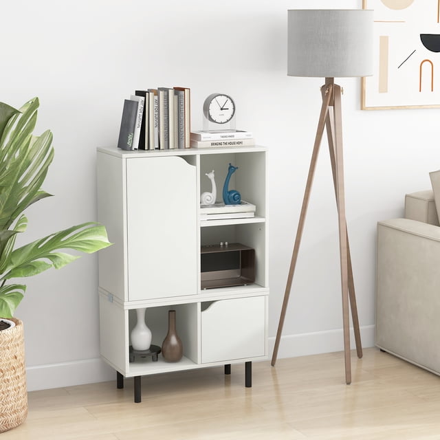 Giantex 5 Cube Stackable Bookcase, Combination Storage Organizer, Cabinet w/Adjustable Shelf in a sleek white finish. The bookcase features a combination of open cubes and enclosed cabinets, offering versatile storage and display options. It includes a 3-position adjustable shelf for accommodating items of various heights, robust metal legs with non-slip foot pads for stability, and anti-toppling devices for added safety. The modular design allows for stacking and customization, making it suitable for living rooms, bedrooms, or offices. Shown in a modern room setting with books, decor, and a lamp nearby.