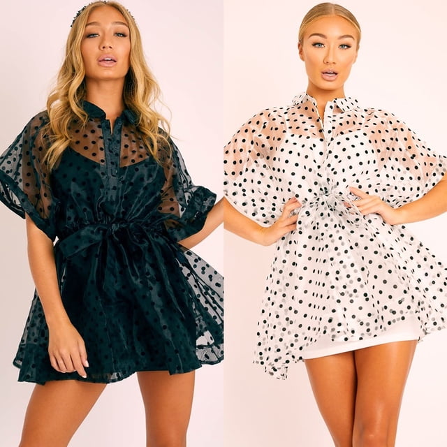Robe Transparente en Maille à Pois pour Femme, Été, Mini Bikini avec Ceinture, Couvre-Maillot