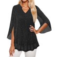 thumbnail image 1 of Double Layer Thread Mesh Loose Fit Blouse Top With Flared Three Quarter Sleeves And Elegant Collar Design For Summer Casual Wear And Fashion Outfits Women'S T-Shirts Black Xxl, 1 of 4
