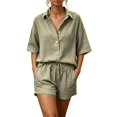 thumbnail image 2 of Cutuo Two Piece Sets for Women Summer Matching Sets, Solid Color Collared V Neck Short Sleeve Button Down Shirt Top and Drawstring Waist Shorts Casual Outfits, 2 of 9
