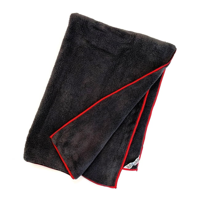 Prestige Series Coral Fleece Car Drying Towel, 27" x 32", folded black coral fleece microfiber with red stitched edges, ultra-absorbent and lint-free for fast, streak-free drying of cars, trucks, motorcycles, RVs, and boats.