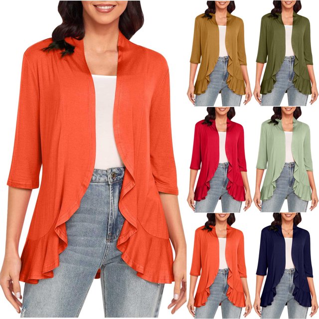 Jovati Cardigan Décontracté pour Femmes, Haut en Tricot Léger Uni à Manches 3/4 avec Mélange de Polyester Extensible, Coupe Décontractée, Incontournable de la Garde-Robe pour le Printemps et l'Automne