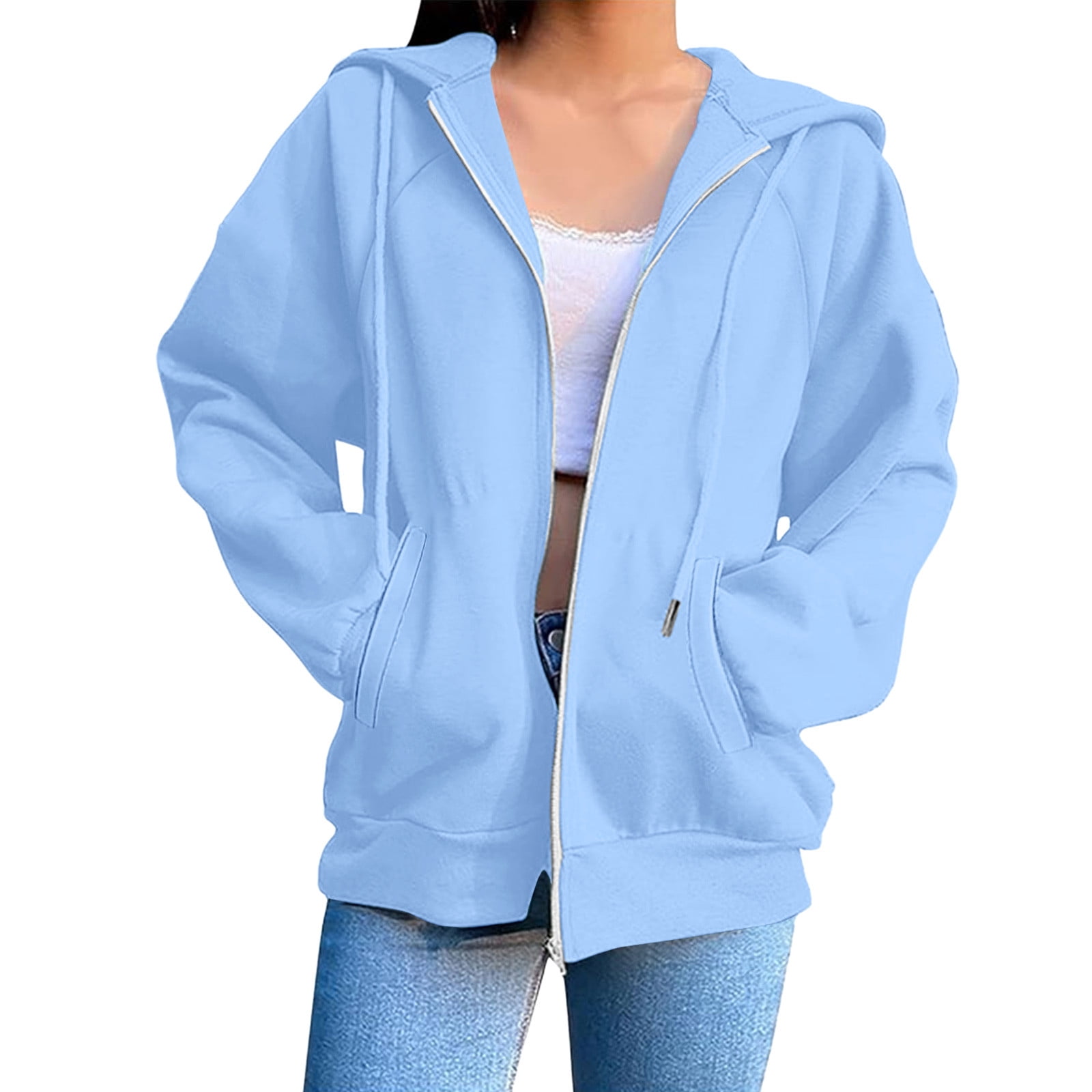 Mgmyaa Women's Sweatshirt Fashion Solid Color Hooded Pocket Raglan-Sleeve Long Sleeve Zip Up Jacket