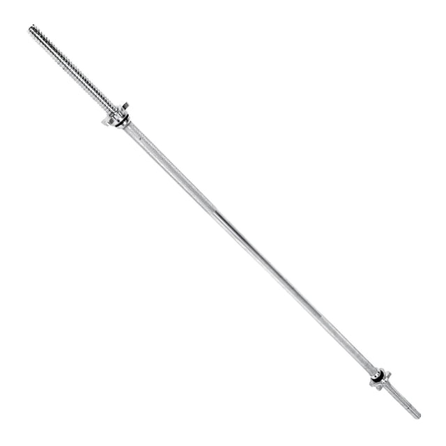 CAP Barbell 6' Standard Straight Bar with Threaded Ends front-facing view of a 6-foot (1.83 m) solid steel standard barbell with chrome finish, threaded 1" sleeve ends and included star-lock collars, knurled hand grips, fits 1-inch plates and commonly used for bench press, deadlift and arm curls.