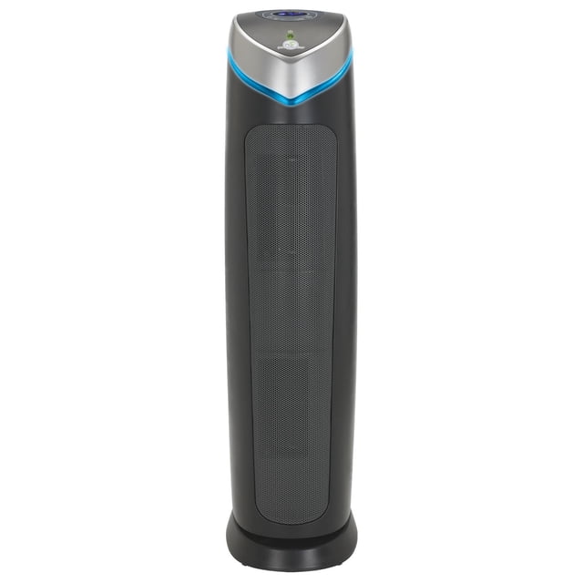 GermGuardian Air Purifier AC5250PT 5-in-1 with Pet Pure HEPA Filter, grey and black tower air purifier with front mesh grille and digital control panel featuring blue LED light, designed for air purification and allergen control in rooms up to 189 sq. ft.