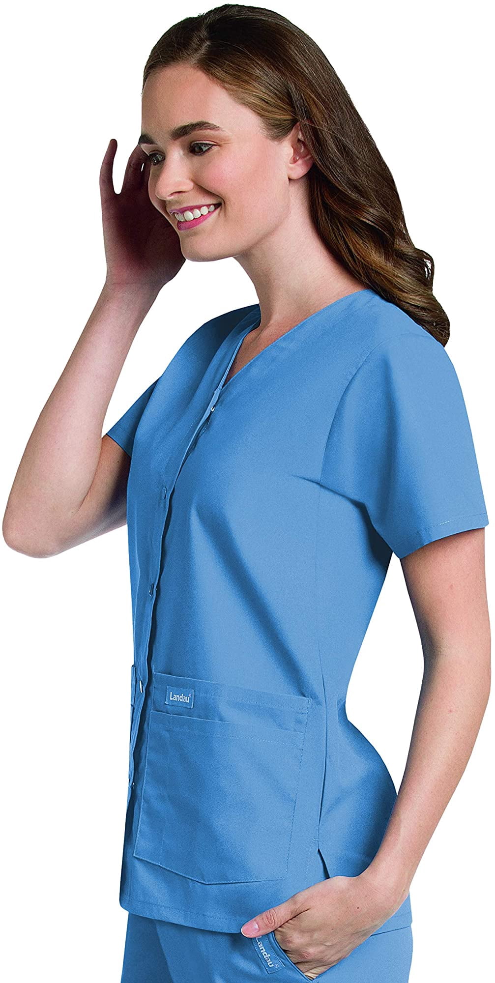 Landau Essentials Haut d'Uniforme à Boutons-Pression pour Femme, Coupe Classique Décontractée, Col en V, 4 Poches