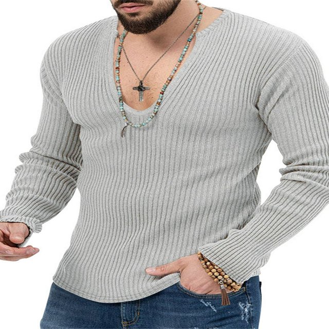Solid Color V Neck Sweater for Men with Long Sleeves and Ribbed Knit Pullover