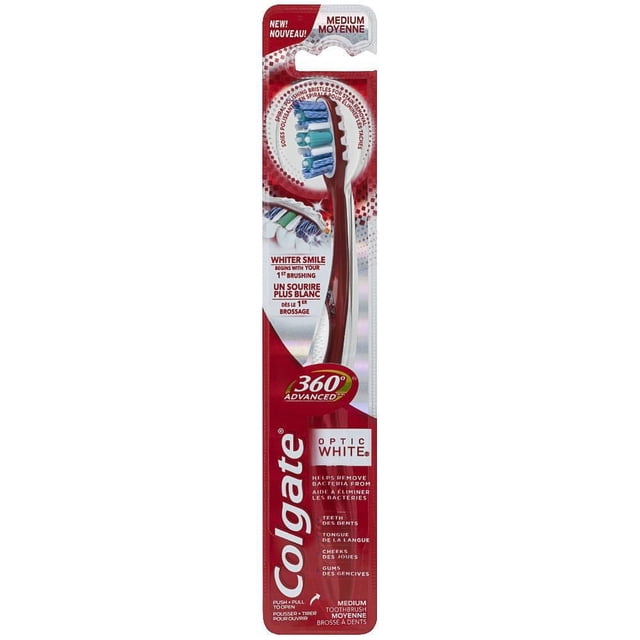 Colgate 360 Brosse à Dents Optique Avancée Blanche, Moyenne, en Emballage Rouge et Blanc Comprenant une Brosse à Dents à multi-action Avancée et des Poils à Polissage en Spirale Conçus pour Enlever les Bactéries et les Taches de surface des Dents, de la Langue, des Joues et des Gencives pour un Sourire Plus Blanc.