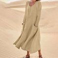 thumbnail image 1 of Robe Midi Mode Femme Manches Longues Couleur Unie Coton Lin Col Rond Robe avec Poches Robe T-Shirt Femme en Liquidation, 1 of 5