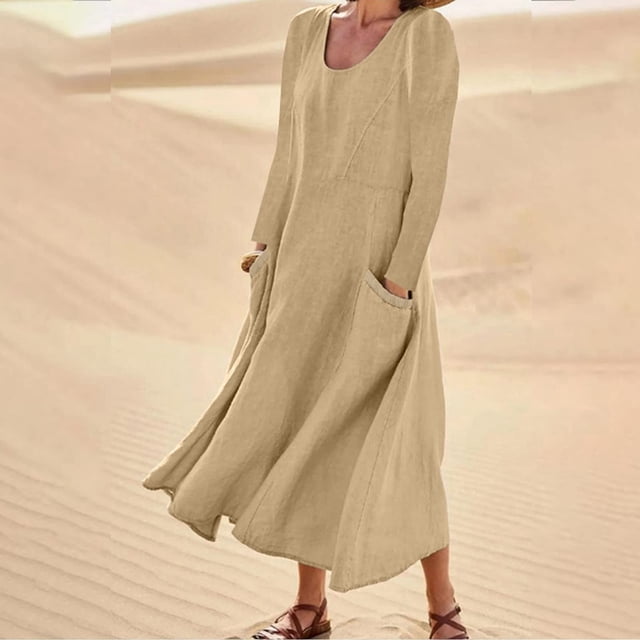 Robe Midi Mode Femme Manches Longues Couleur Unie Coton Lin Col Rond Robe avec Poches Robe T-Shirt Femme en Liquidation