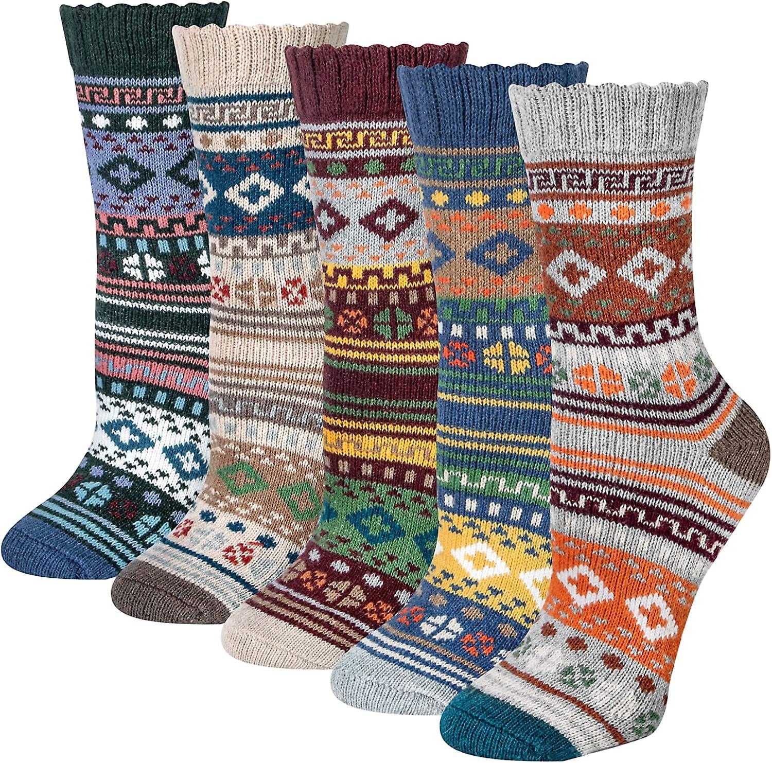Crday 5 Pairs Merino Wool Socks Womens Thicken Thermal Knitting Crew Ladies Sock Gift