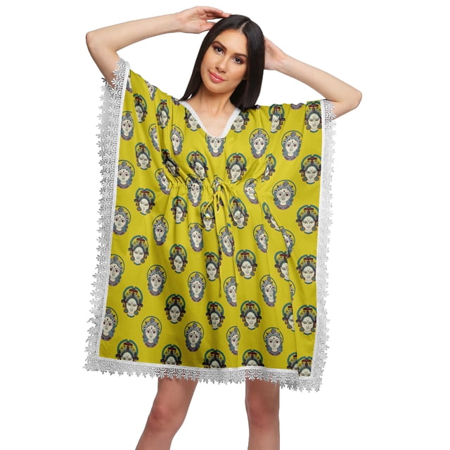 Moomaya Robe Courte de Caftan de Plage, Robe de Couverture Imprimée, Kaftan pour Femmes, Tenue de Plage, Couverture