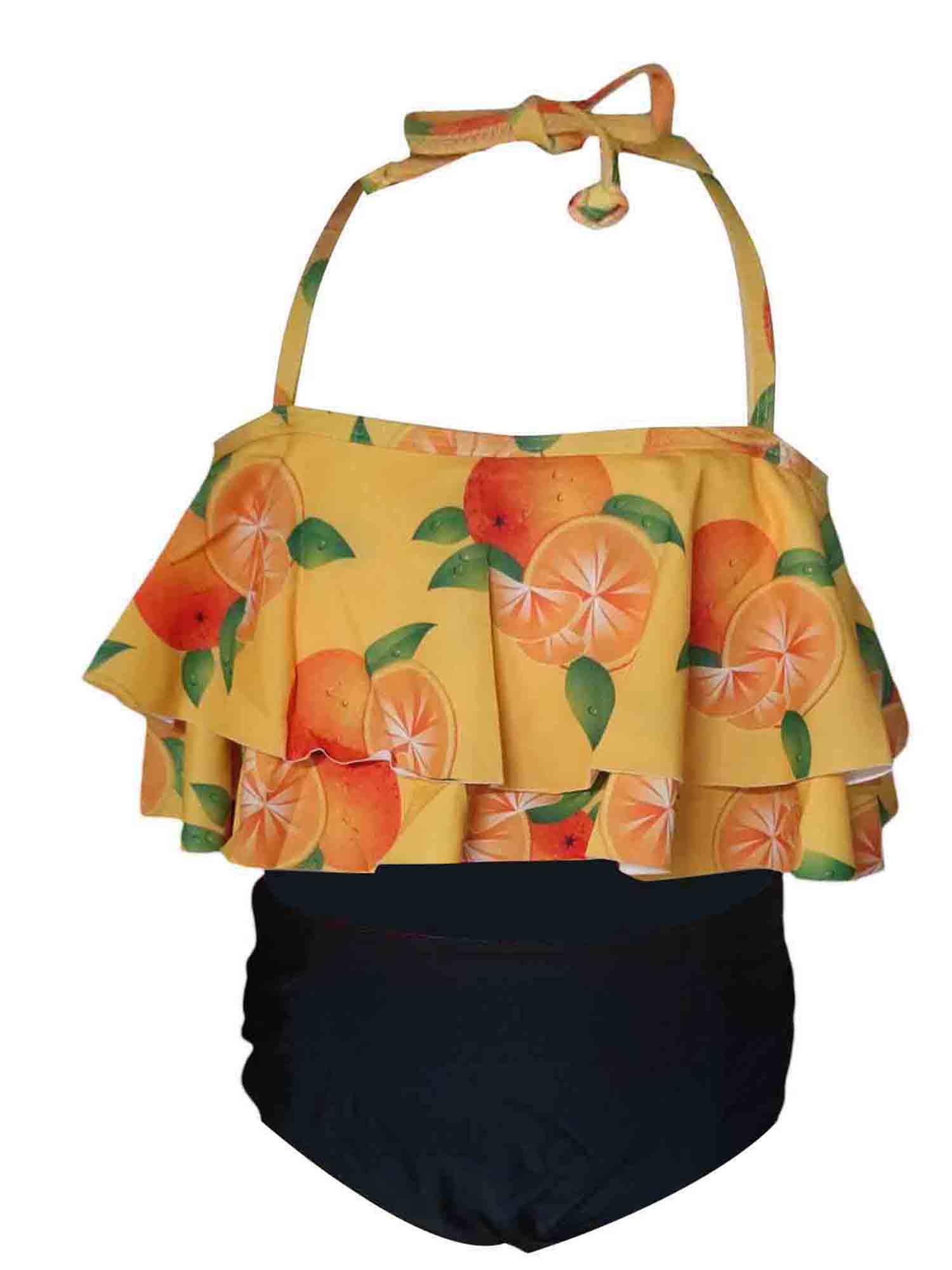 Faithtur Family Matching Swimsuit, Orange Print Sleeveless Bikini Set Swimming Trunks Bathing Suit