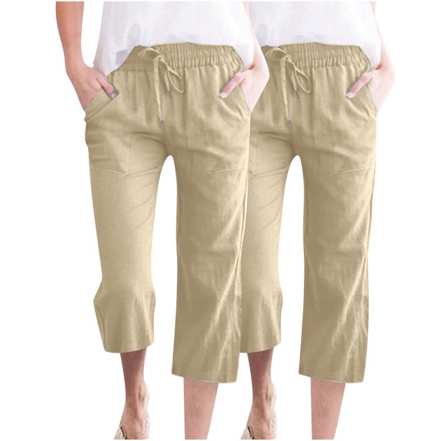 Timegard 2pc Capri Pants for Women Cotton Linen Elastic Waist Loose Lounge Crop Pants Pockets Solid Color