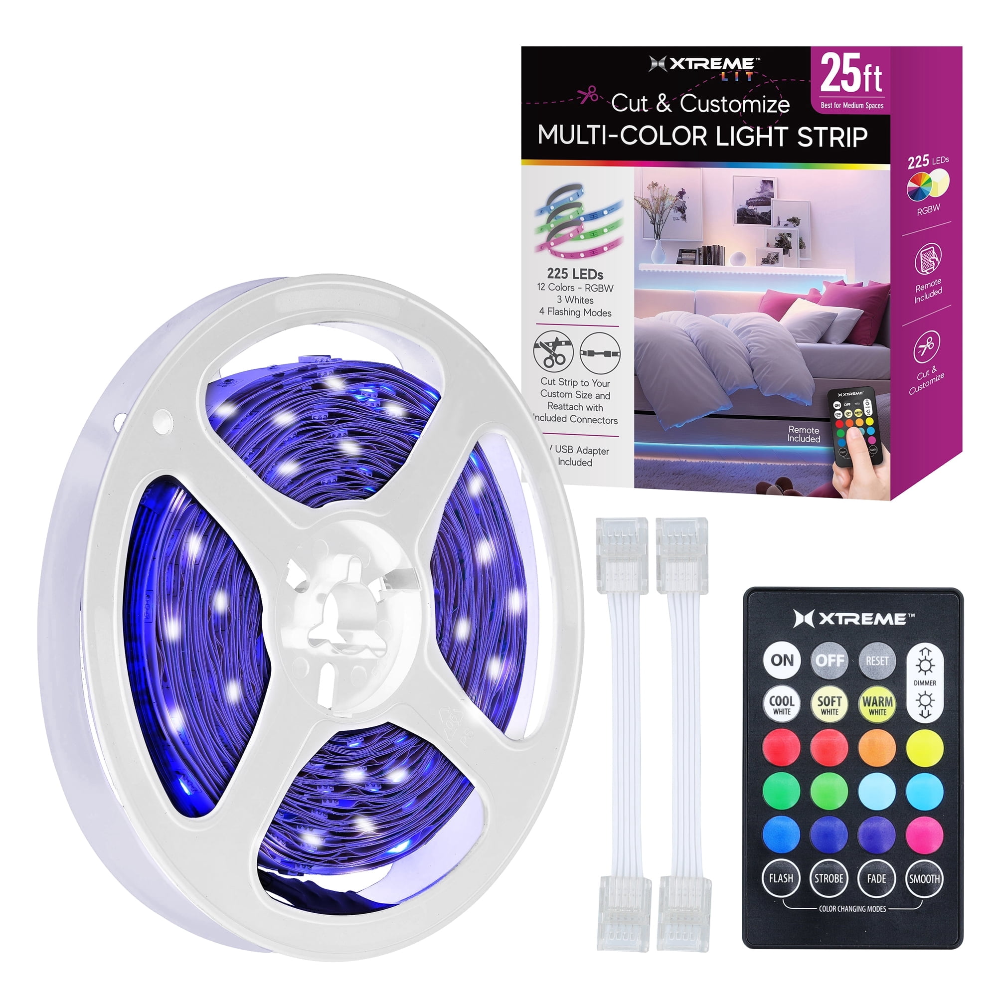 Xtreme Lit 25 ft Indoor LED Strip Lights Kit, Multicolor LED Lights for Bedroom, Cuttable, Remote Control