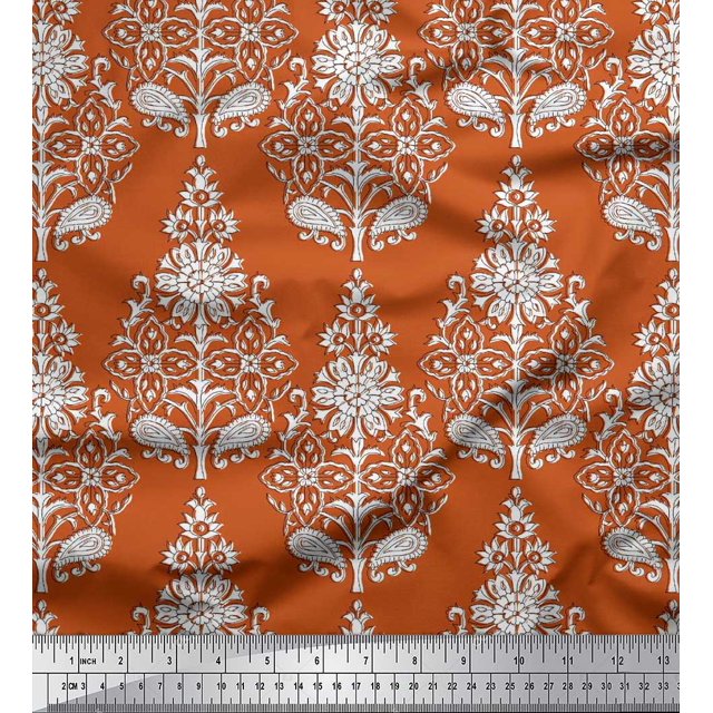 Soimoi Modal Satin Fabric Leaves & Floral Block Print Fabric by The Yard 42 Inch Wide