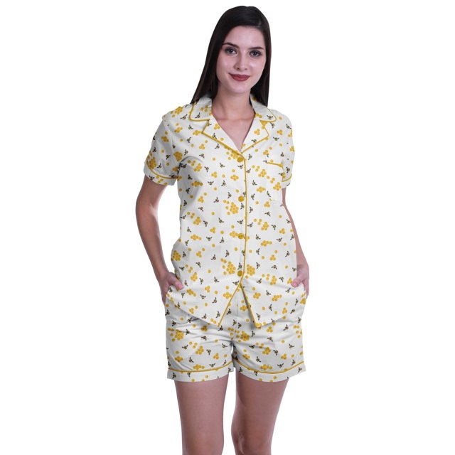 Moomaya Ensemble de Pyjama en Coton pour Femmes, Chemise de Nuit à Col Cranté à Manches Courtes