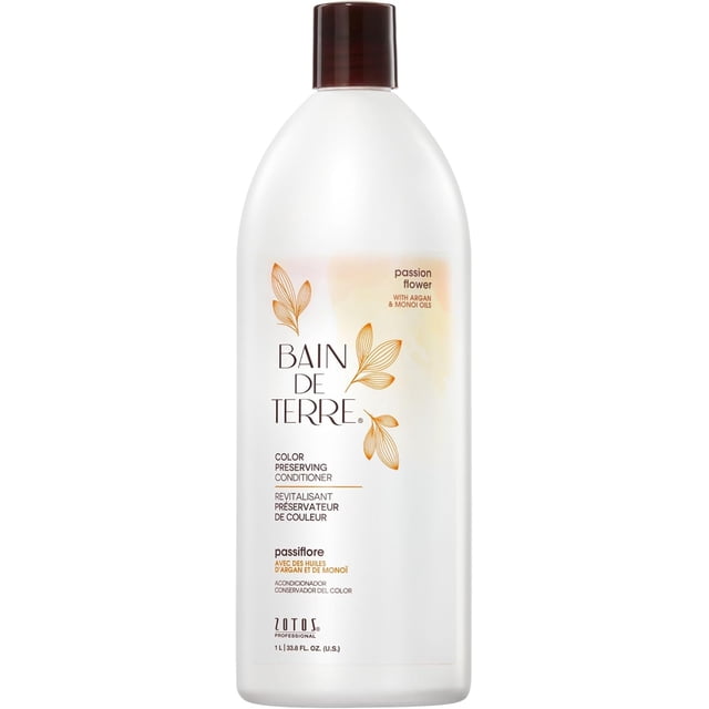 Bain de Terre PASSION FLOWER Revitalisant Conservateur de Couleur 1 L, Bouteille à Pompe Centrée Orientée vers l'Avant, Plastique Translucide Indiquant le Niveau et l'Étiquette de l'Après-shampoing avec Nom de Bain de Terre et Graphique de Fleur de PASSION sur Fond Blanc de studio; Revitalisant Conservateur de Couleur avec Protections UV à Spectre Complet pour Cheveux Colorés, Formule Hydratante et Nourrissante Souvent Utilisée dans les Postes de salon.