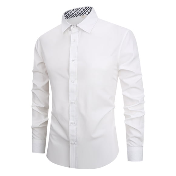 Fengqque Men's Urban Stylish Casual Business Slim Fit Long Sleeve Button Up Dress Shirt with Pocket White 8(L)