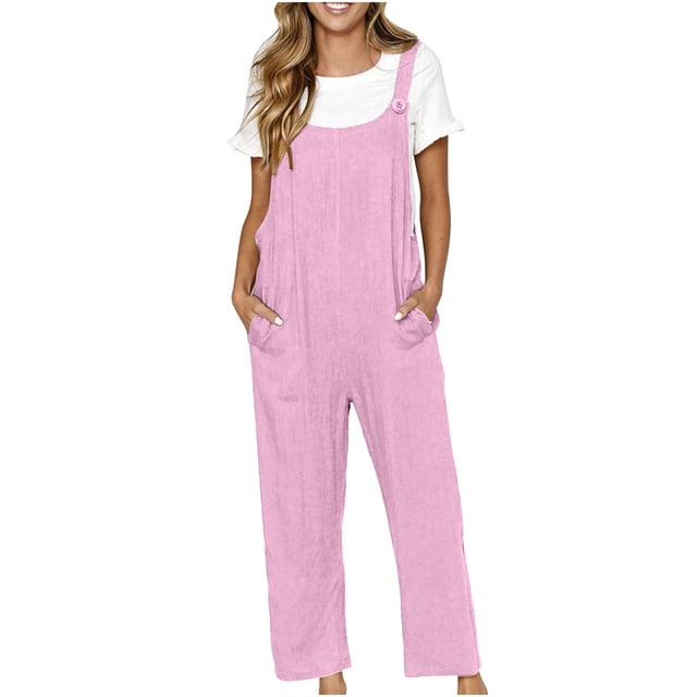 yoeyez Womens Rompers And Jumpsuits,Womens Cotton Linen Fashion Baggy Playsuit Jumpsuit Solid Color Buttons Straps Backless Overalls With Pockets Pink,5XL
