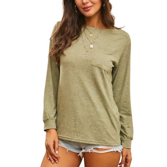 LUXUR T-shirt pour Femmes Col Rond Tee-Shirt Couleur Unie Pull Décontracté Manches Longues Vert Olive L