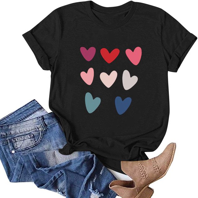 TIMIFIS T-Shirts pour Femmes de la Saint-Valentin Été Décontracté Manches Courtes Col Rond T-Shirts Mode T-Shirt Imprimé Cœur d'Amour