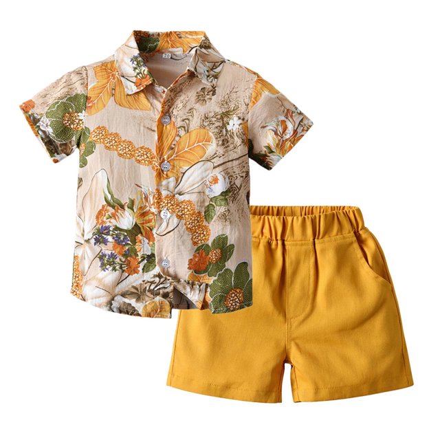 Ensemble Décontracté pour Garçons, Chemises à Manches Courtes Col Rond Imprimées + Shorts, Deux Pièces