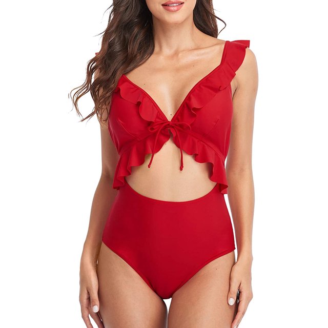 Maillots de Bain une Pièce à Volants Découpés pour Femmes Monokinis à Bretelles