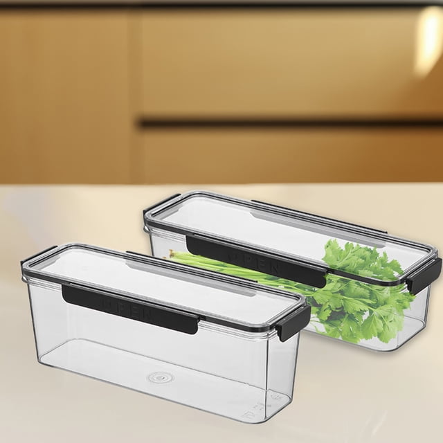 RRJ 2Pcs Long Strip Refrigerator Organizer Food Grade Storage Box, Clear Plastic Kitchen Container for Meal Prep, Airtight Food Storage Container for Leftovers, Fridge Organizer Bins for