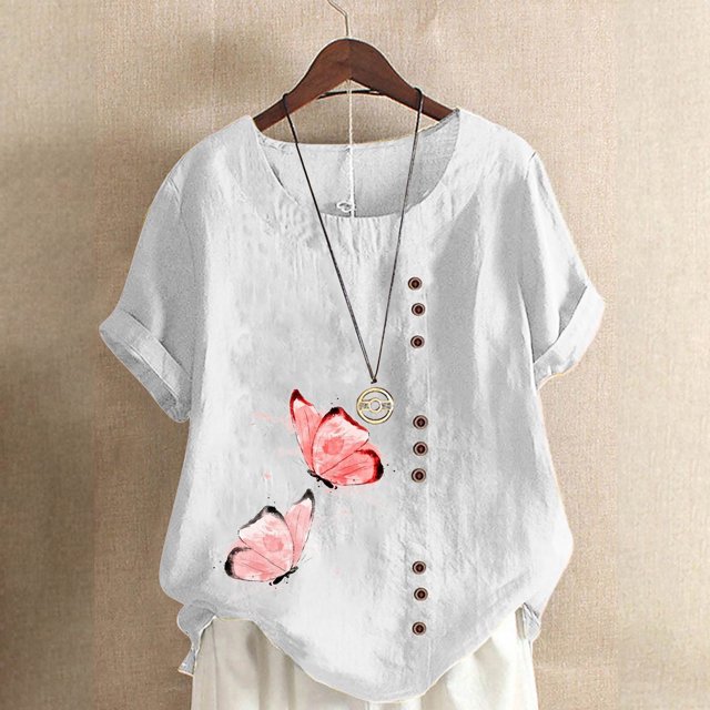 Pisexur Womens Oversized Plus Size Shirts Butterfly Print Cotton Linen Tops Blend Crew Neck Short Sleeve Basic Tunic Tee Shirts Tops Blouse