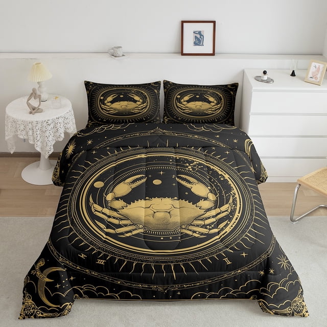 Ensemble de Literie Signe du Cancer Thème Constellation, Ensemble de Couette Format Simple, Style Bohème Occidental Exotique, Ensembles de Couette 12 Horoscopes Astrologie, Insert de Housse de Couette Bohème Soleil et Lune Ciel Étoilé Galaxie Courtepointe