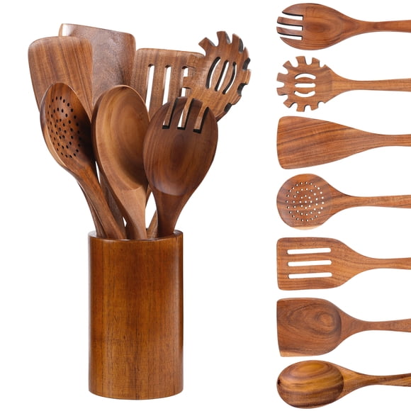 VAVSEA Thick Wooden Spoons for Cooking, 8 Pcs Natural Wooden Utensil for Cooking with Non-Stick, Heat Resistant, Wood Kitchen Utensil Set