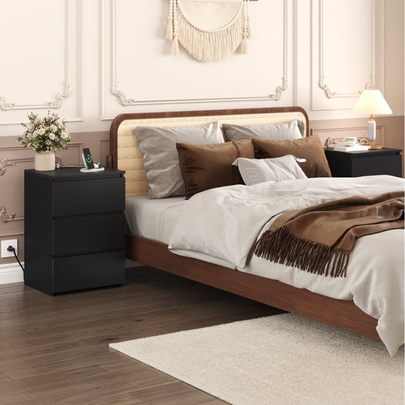 Homfa 3 Drawers Nightstand Set of 2 with Charging Station, Modern End Side Table, Wooden Storage Cabinet for Bedroom Living Room, Black