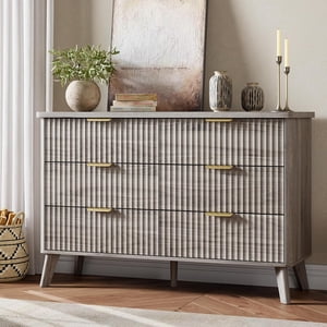 Dressing Fluted pour Chambre avec 6 Des tiroirs profonds, 47.2 dans large coffre moderne de tiroirs, commode en bois TV Stand, Conception de profil courbé, pour le salon, Chambre pour enfants, Hallway, Gris