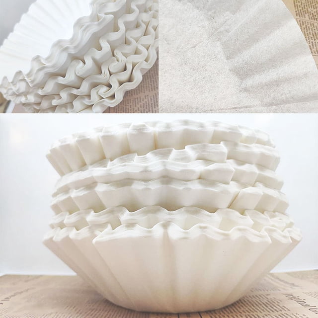 Disposable Coffee Filter Set Basket Coffee Filter Paper Replacement Accessory for Coffee Maker, featuring 100 sheets of white, fluted wood pulp material. The filters are shown stacked in a neat pile, highlighting their elegant texture and flexible design. Suitable for use in banquets, cafes, restaurants, and homes, these filters efficiently separate coffee grounds for a pure coffee experience.