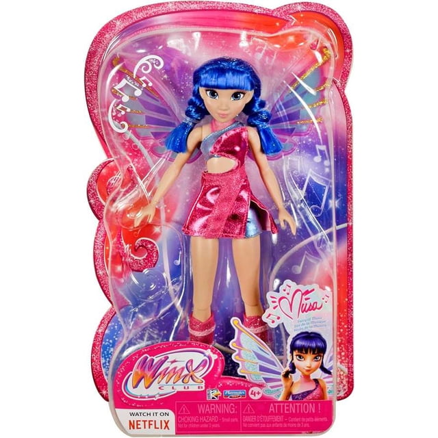 Winx Boîte de Nuit Musa Poupée Mannequin de 10,5 Pouces avec Queues de Cochon Bleues, Vêtue d'Une Robe à Découpes Scintillantes Rose et Argent et de Bottes Assorties, avec de Grandes Ailes de Fée Scintillantes Amovibles Décorées de notes de Musique, Convient au Jeu Imaginatif et aux collections de Poupées.