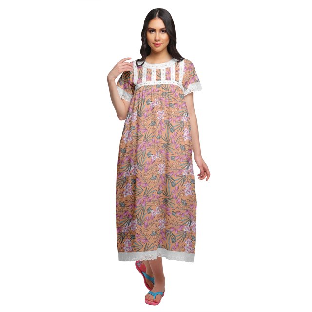 Moomaya Chemise de Nuit Maxi Boutonnée à Manches Courtes Imprimée pour Femmes en Coton