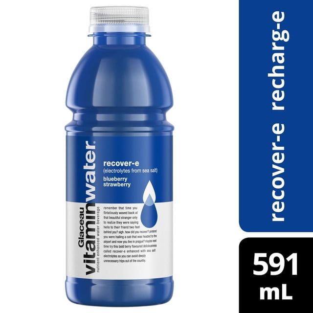Glaceau Vitaminwater Recover-e Bottle, 591 mL, front view of a blue plastic bottle with a clear cap, labelled blueberry strawberry flavour enhanced with sea salt electrolytes for hydration and recovery, ideal for replenishing fluids after exercise.