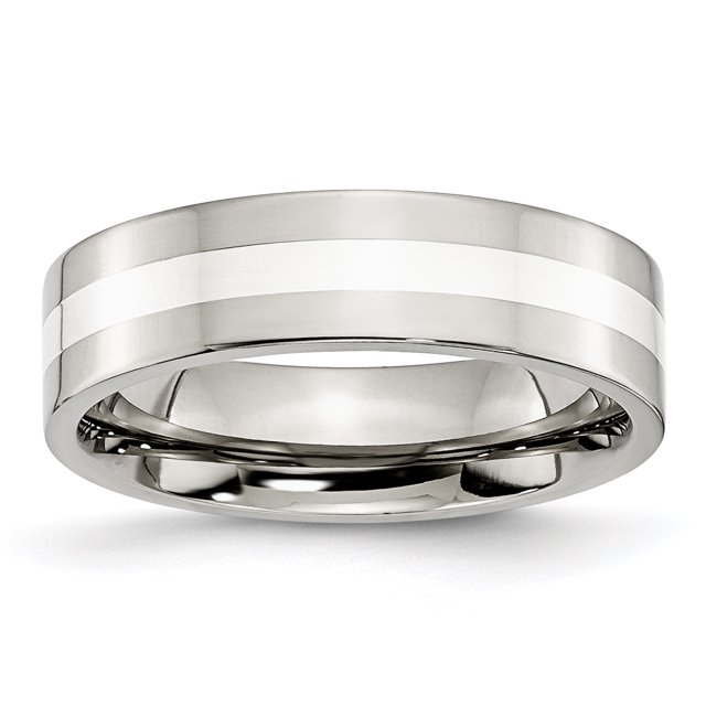 Stainless Steel Sterling Silver Inlay Flat 6mm Polished Band Size 9.5